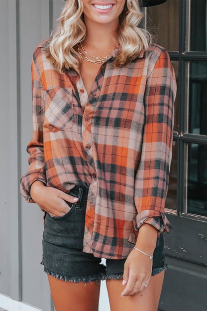 Plaid Patchwork Turndown Collar Blouses