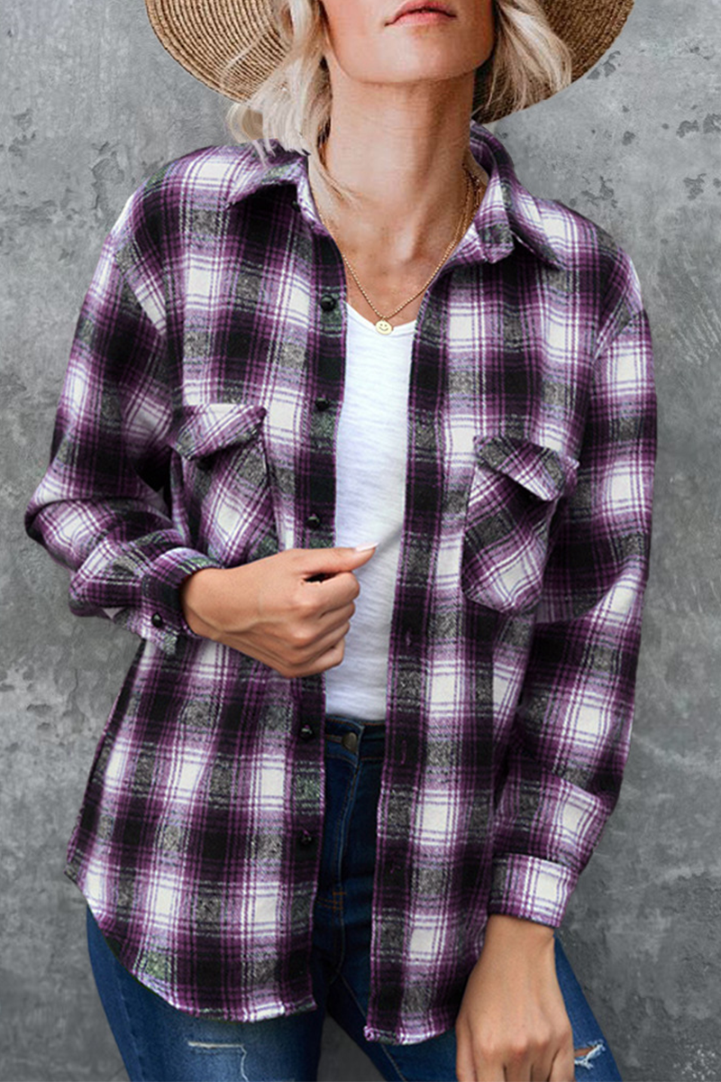 Plaid Patchwork Turndown Collar Blouses(6 Colors)