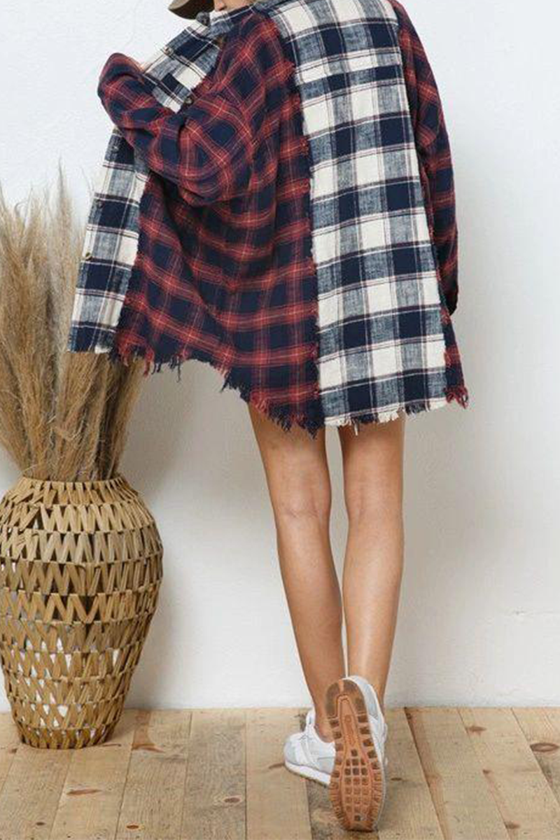 Plaid Patchwork Turndown Collar Blouses