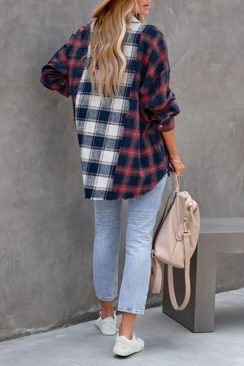 Plaid Patchwork Turndown Collar Blouses