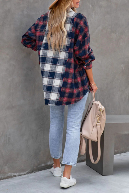 Plaid Patchwork Turndown Collar Blouses