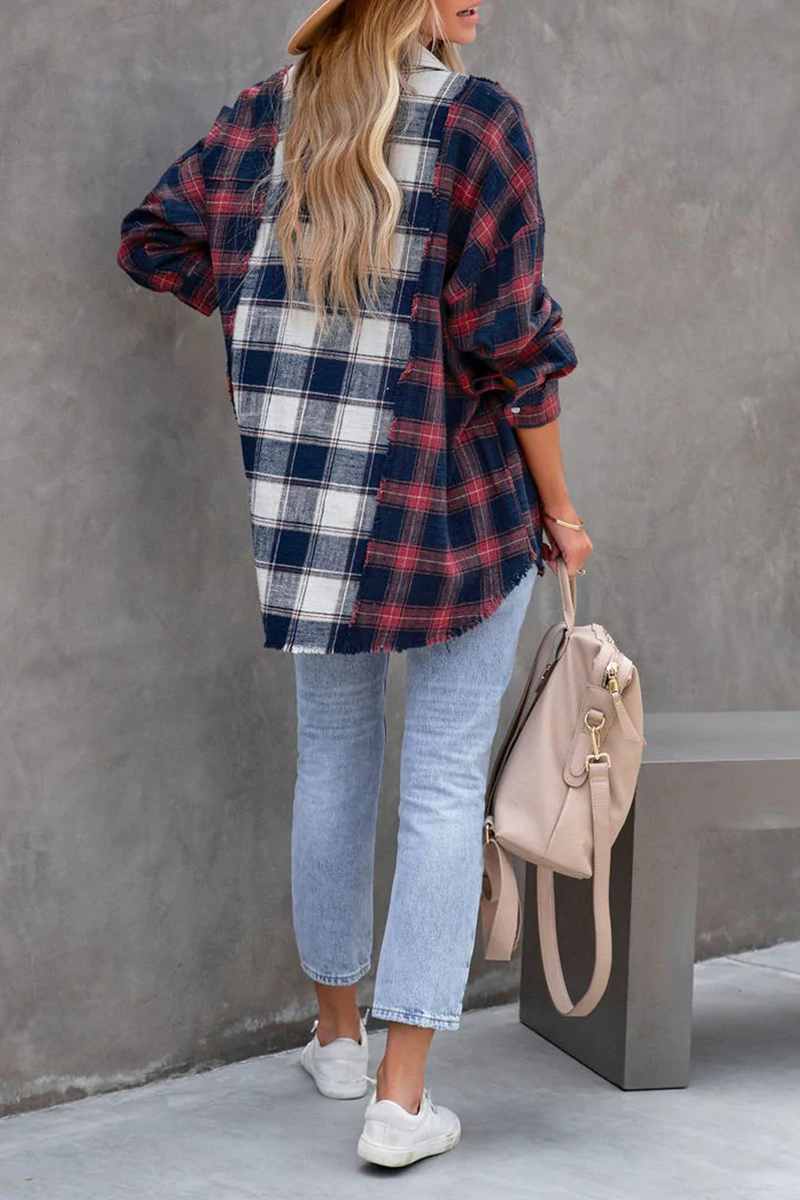 Plaid Patchwork Turndown Collar Blouses