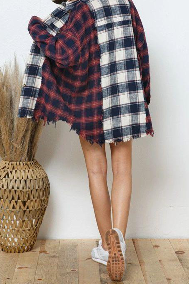 Plaid Patchwork Turndown Collar Blouses