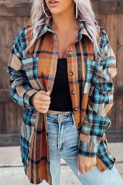 Plaid Patchwork Turndown Collar Blouses
