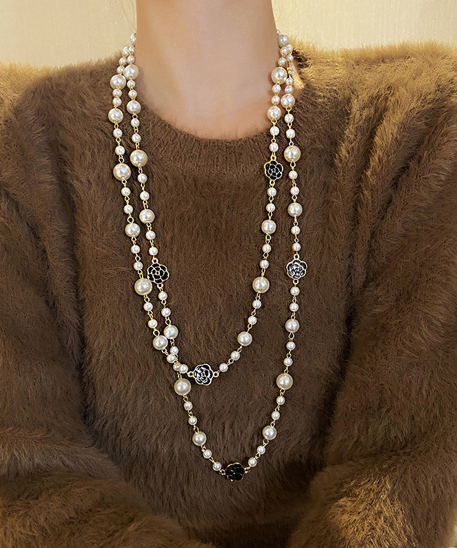 White Sterling Silver Alloy Pearl Camellia Gratuated Bead Necklace