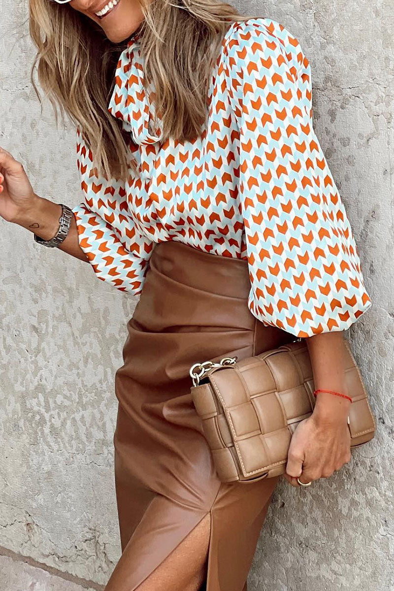 Print Patchwork Ribbon Collar Blouses