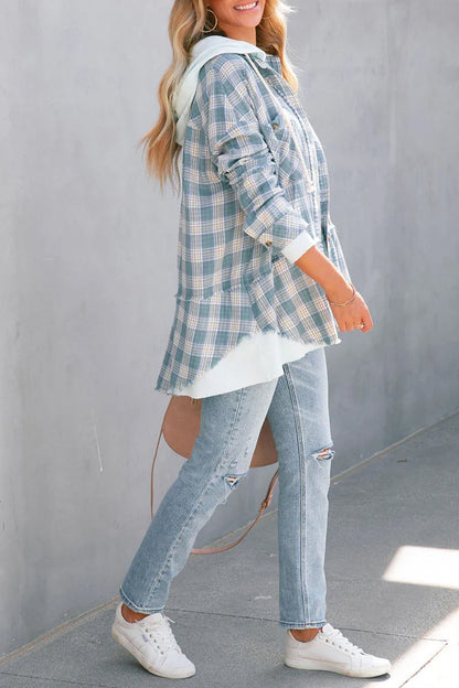 Plaid Striped Patchwork Hooded Collar Blouses