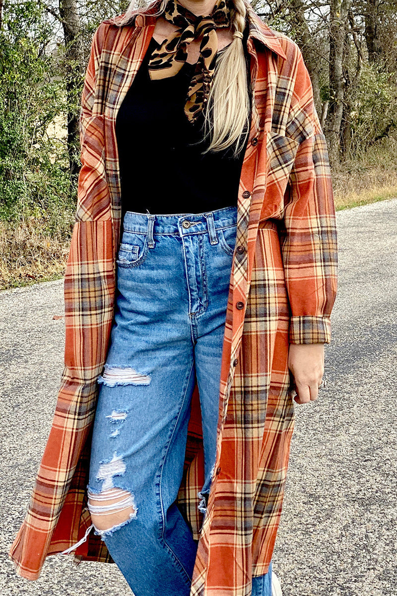 Street Plaid Buttons Shirt Collar Blouses