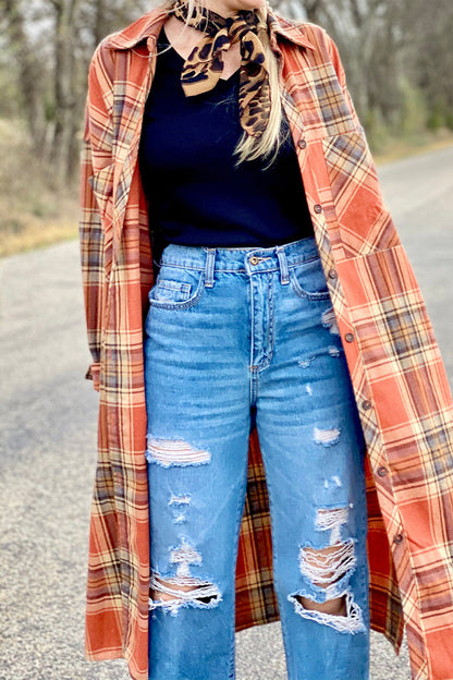 Street Plaid Buttons Shirt Collar Blouses