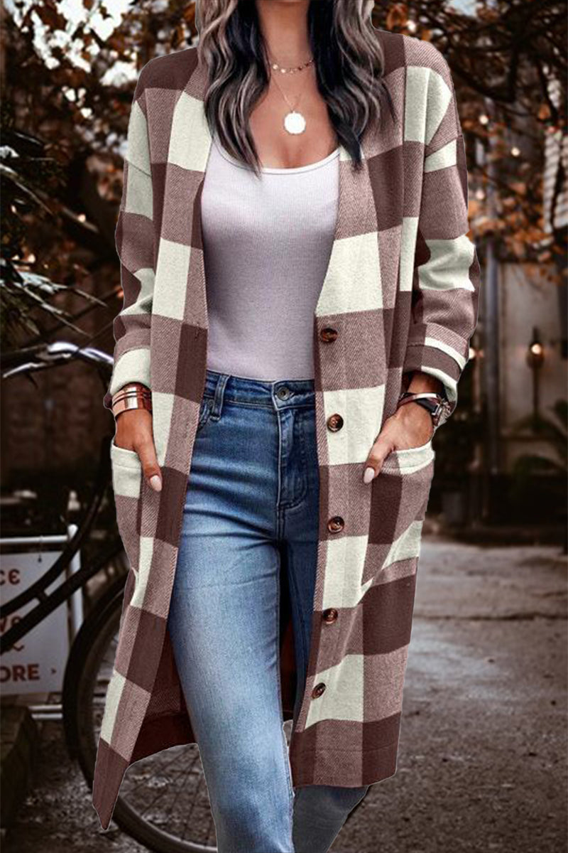 Street Plaid Striped Pocket Cardigan Collar Outerwear(4 Colors)