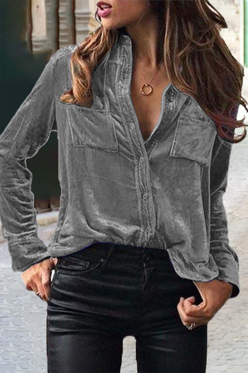 Buckle Color Shirt Collar Blouses (11 Colors)