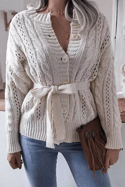 Hollowed Out Buckle With Belt Cardigan Collar Tops