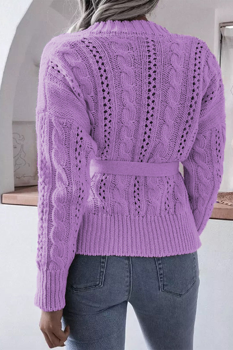 Hollowed Out Buckle With Belt Cardigan Collar Tops