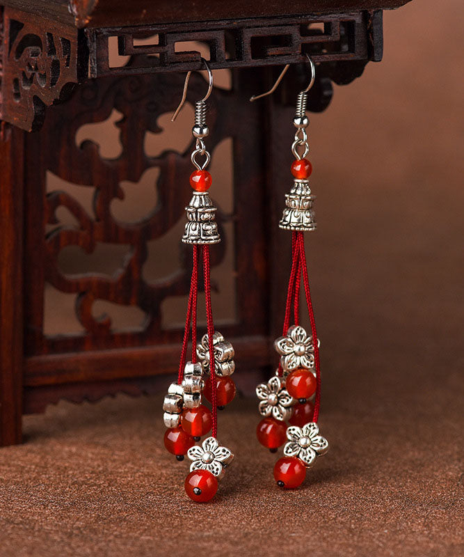 Red Agate Beads Silver Flower Drop Earrings