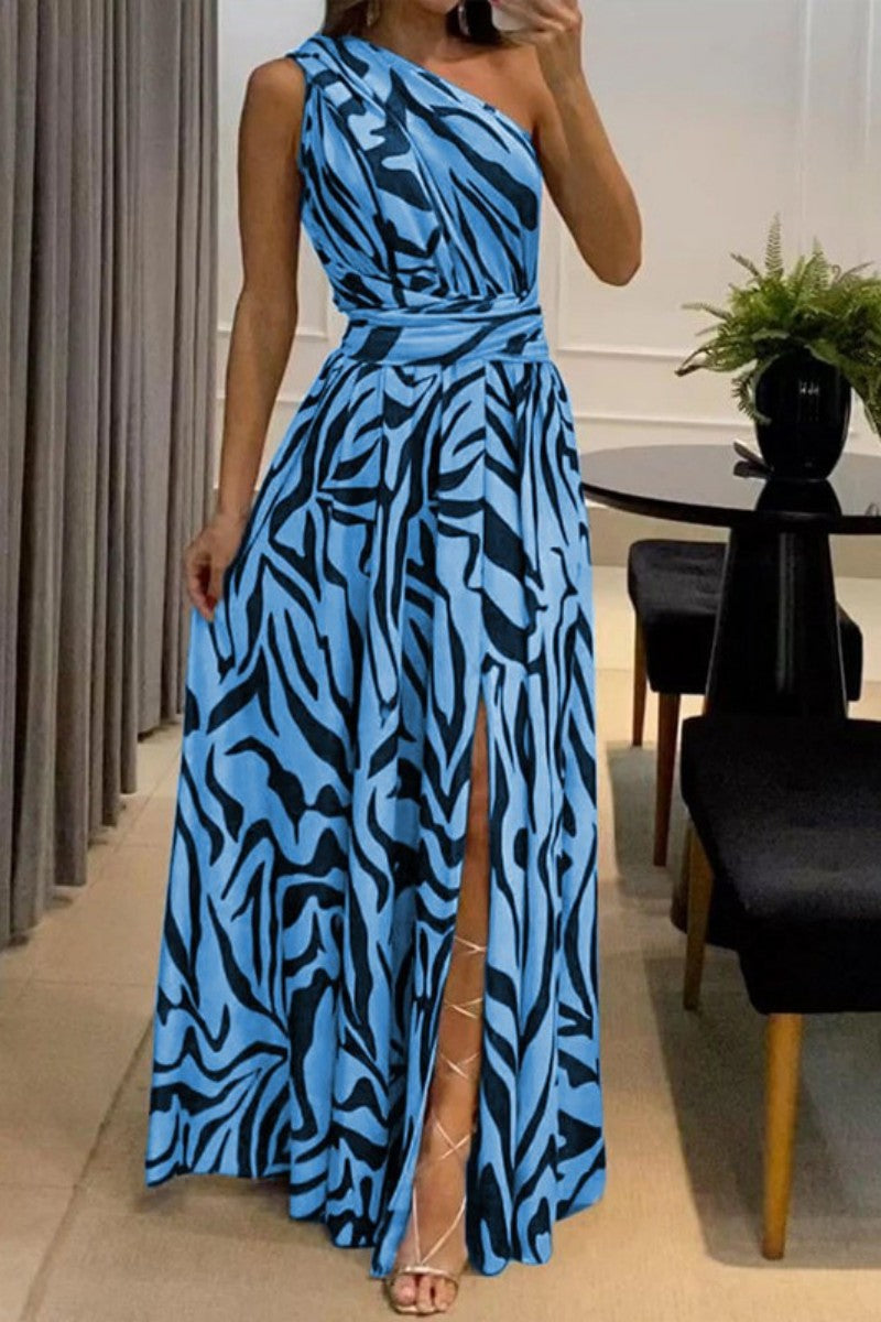 Print Patchwork Backless Slit Oblique Collar Long Dress