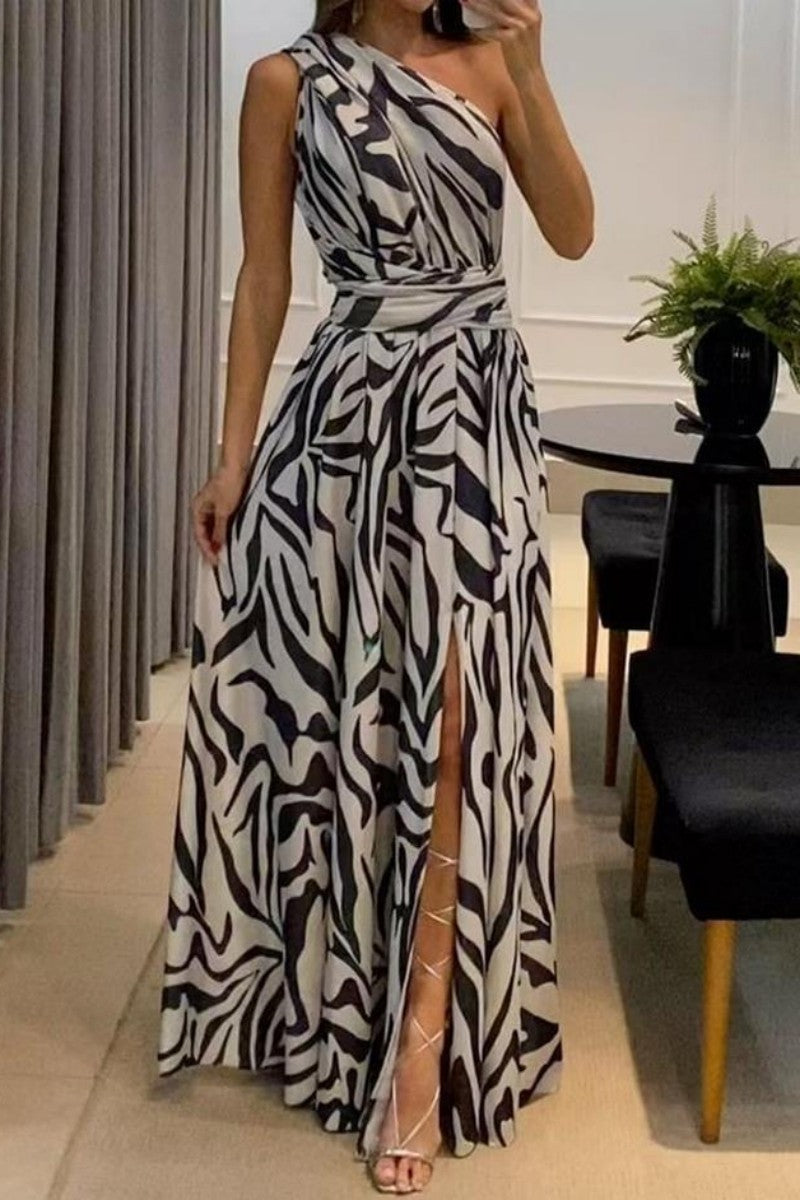 Print Patchwork Backless Slit Oblique Collar Long Dress