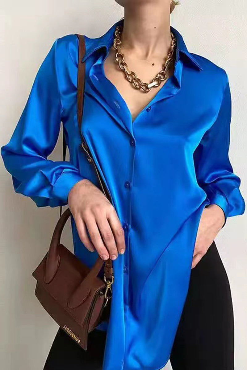 Celebrities Make Old Buckle Color Turndown Collar Blouses(4 Colors)