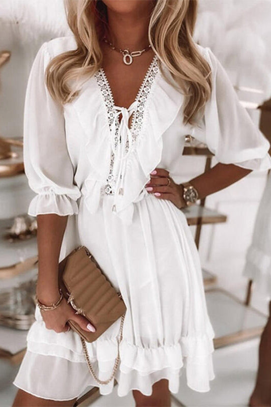 Celebrities Lace Frenulum V Neck Cake Skirt Dresses