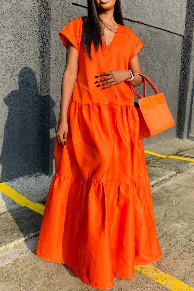 Patchwork Fold V Neck Long Dress Dresses