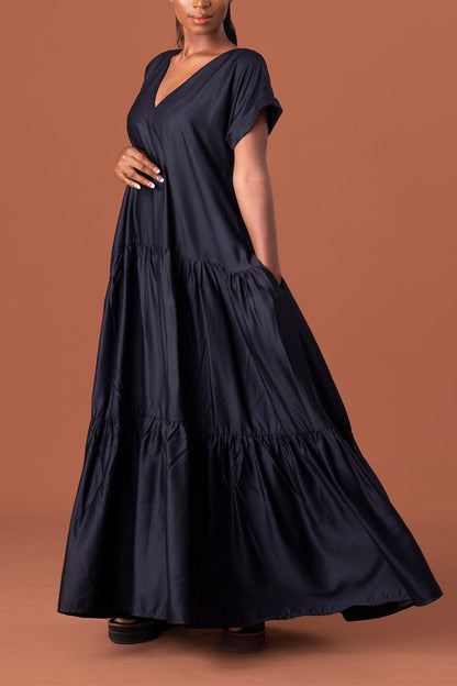 Patchwork Fold V Neck Long Dress Dresses