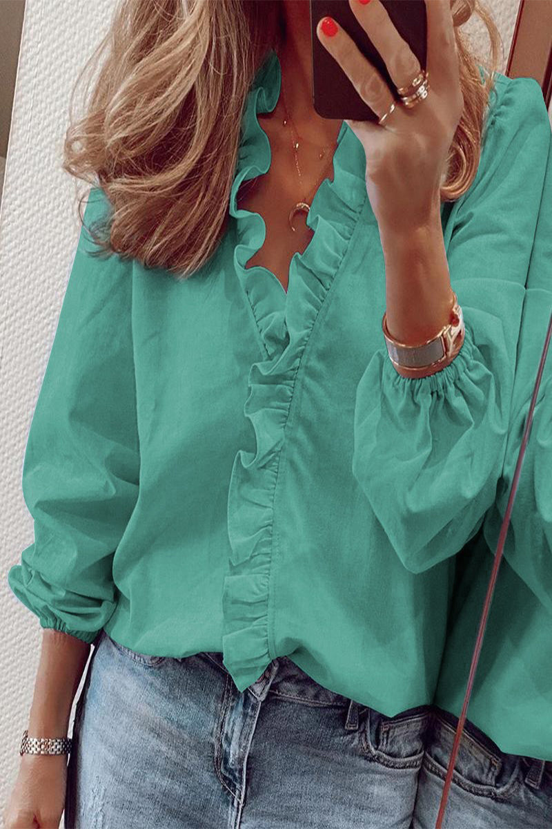 Flounce V Neck Blouses(9 Colors)