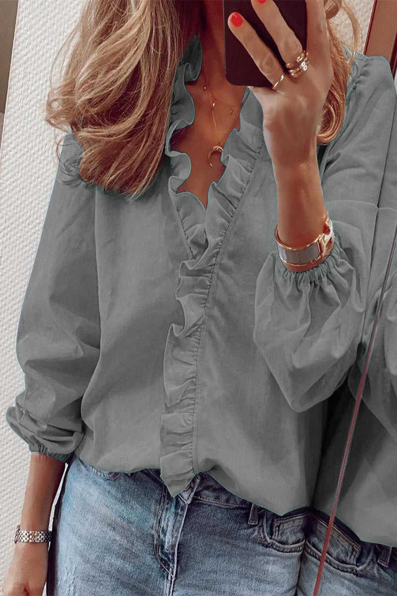 Flounce V Neck Blouses(9 Colors)