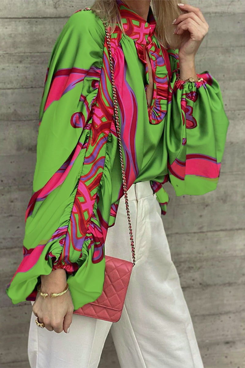 Geometric Print Buttons O Neck Blouses