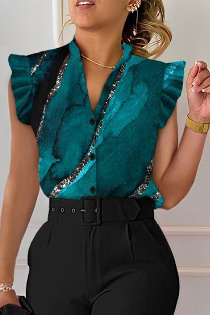 Celebrities Print Patchwork V Neck Blouses(8 Colors)