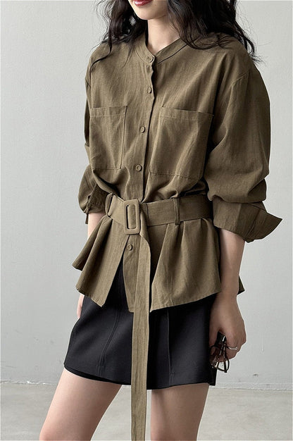 Waist Cinched Belted Long Sleeve Blouse