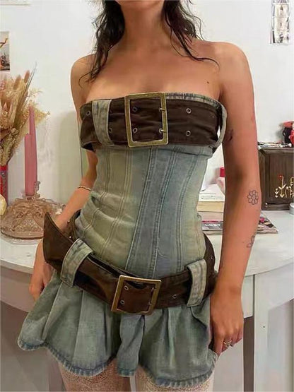 Strapless Denim Mini Dress With Belt