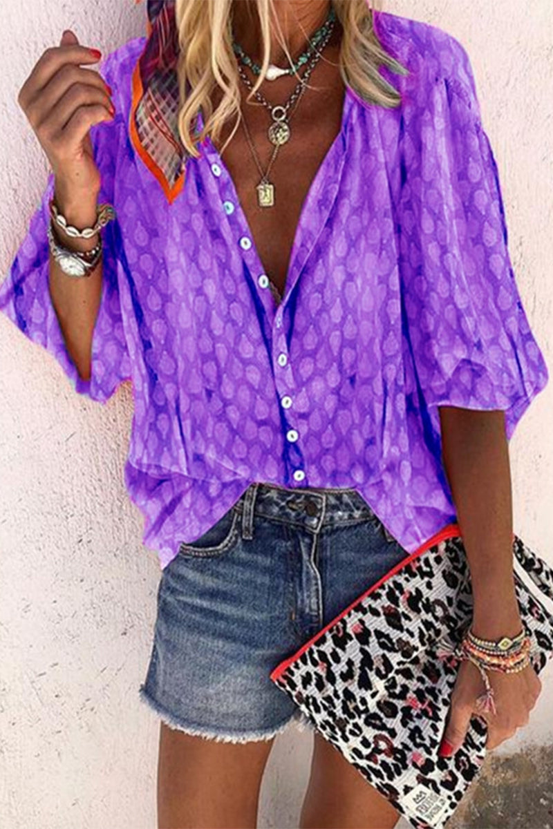 Print Buttons Turndown Collar Blouses(6 Colors)