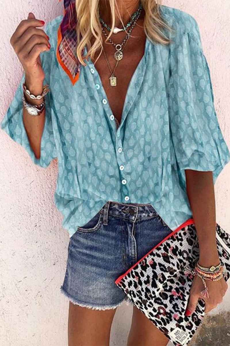 Print Buttons Turndown Collar Blouses(6 Colors)