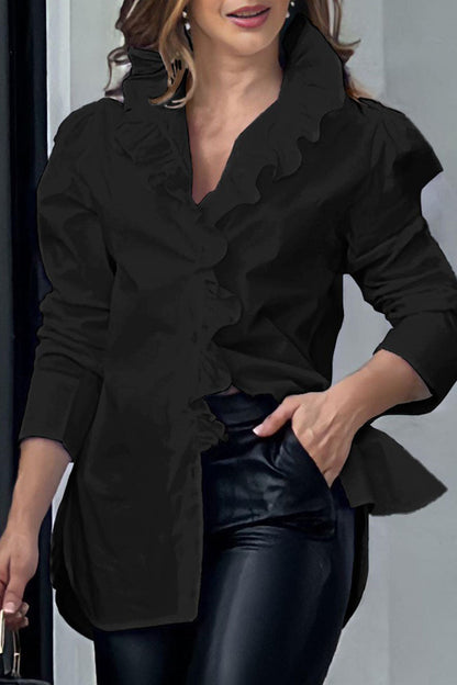 Print Patchwork Buckle Flounce Turndown Collar Blouses(8 Colors)