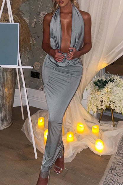 Celebrities Print Patchwork Frenulum Halter Long Dress Dresses