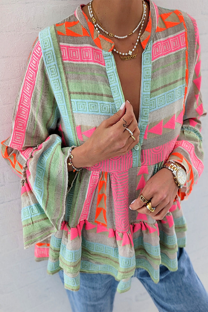Color Block Contrast V Neck Blouses