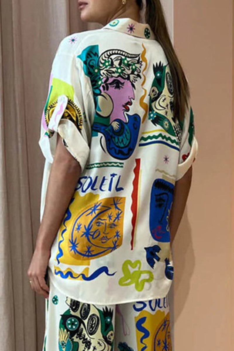 Print Patchwork Turndown Collar Blouses