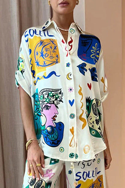Print Patchwork Turndown Collar Blouses
