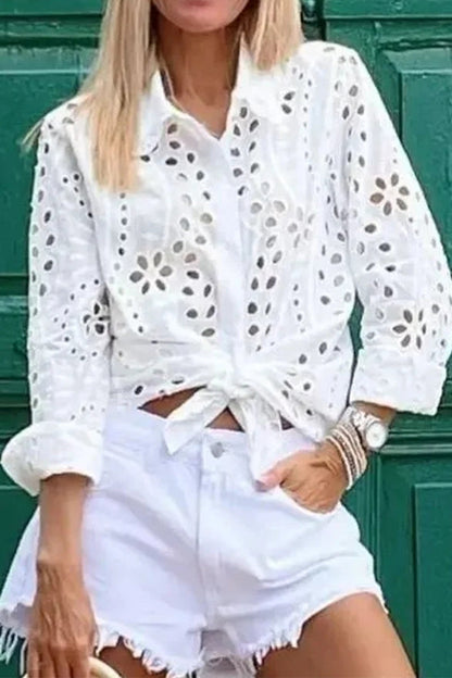 Hollowed Out Turndown Collar Blouses