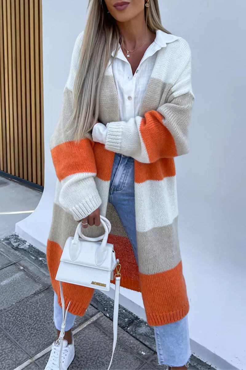 Street Striped Contrast Cardigan Collar Outerwear
