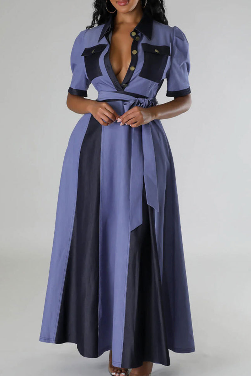 Color Block Bandage Patchwork Pocket Buckle V Neck Long Dress Dresses