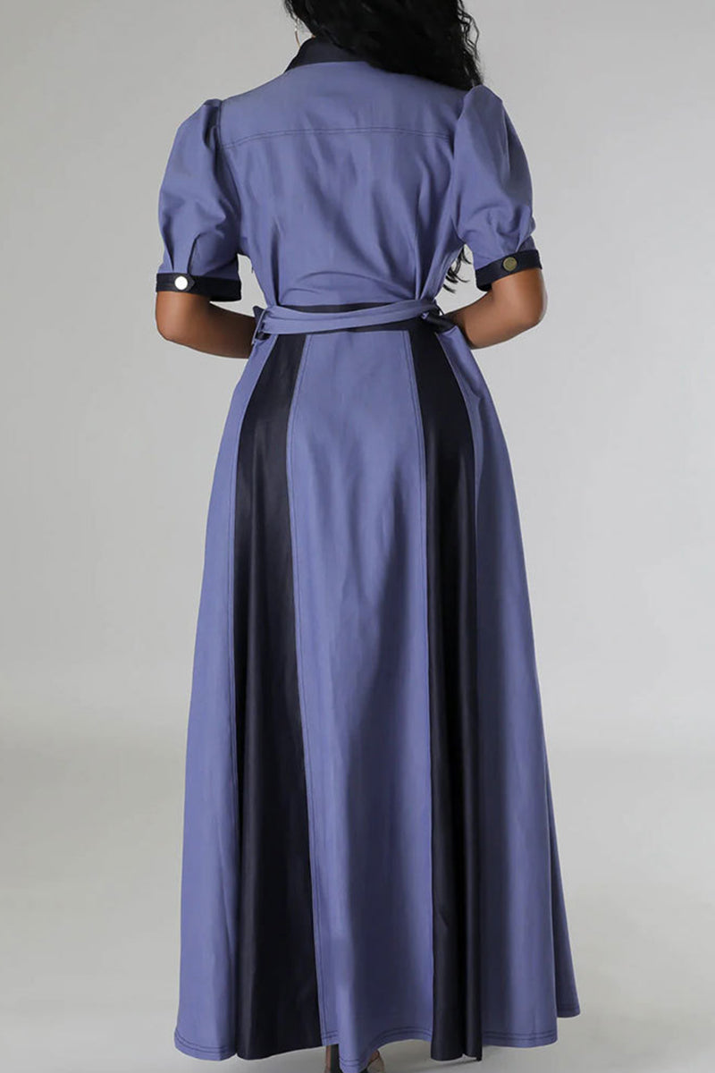 Color Block Bandage Patchwork Pocket Buckle V Neck Long Dress Dresses