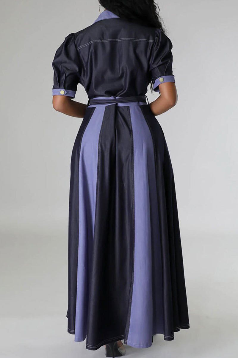 Color Block Bandage Patchwork Pocket Buckle V Neck Long Dress Dresses