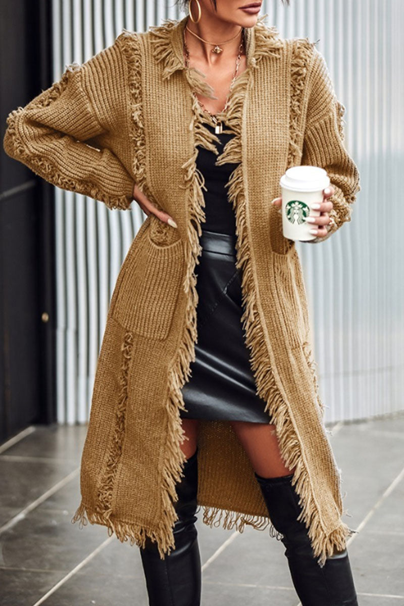 Tassel Patchwork Pocket Cardigan Collar Outerwear Ye9859