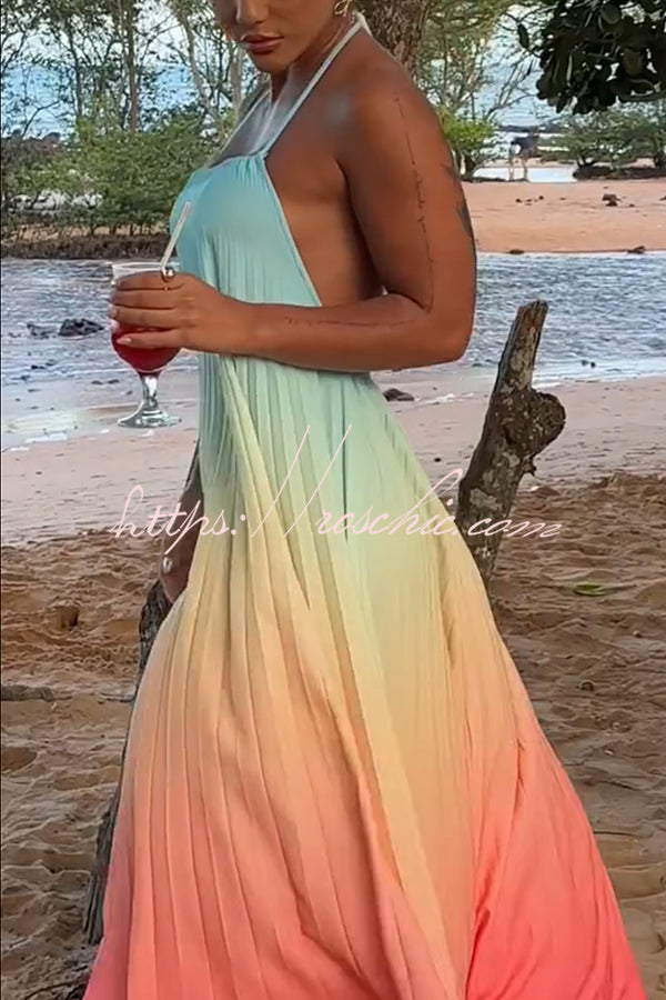 Sea Goddess Gradient Print Pleated Halter Backless A-line Maxi Dress
