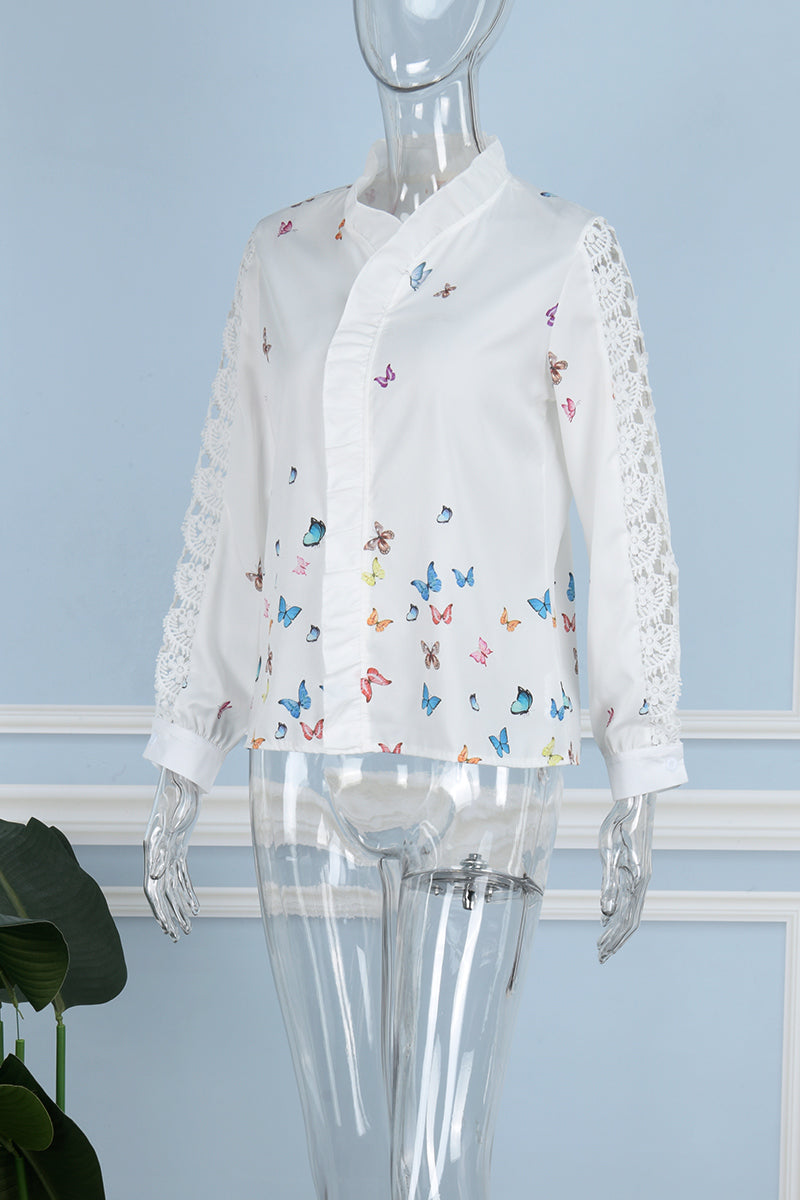 Print Hollowed Out Patchwork V Neck Blouses