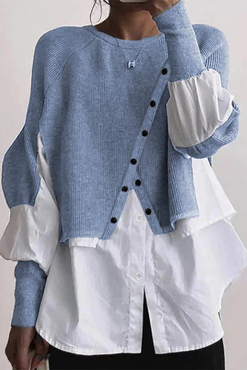 Patchwork Buttons O Neck Blouses(6 Colors)