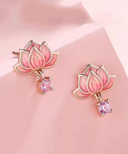 Diy Pink Sterling Silver Overgild Inlaid Zircon Enamerl Stud Earrings