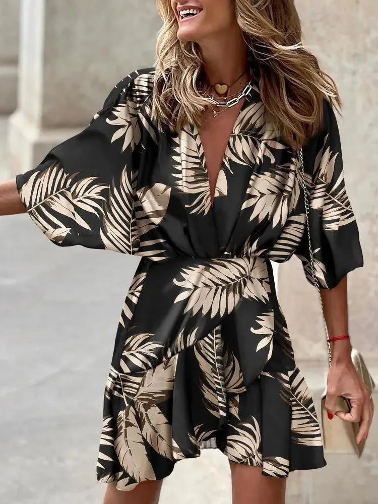 Summer Irregular Mini Dress Print Bohemia Sundress Bat Sleeve Ruffles Vestidos Dresses for