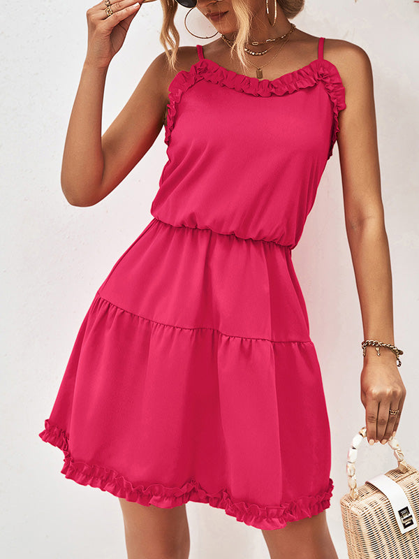 Loose Sleeveless Falbala Color Spaghetti-neck Mini Dresses