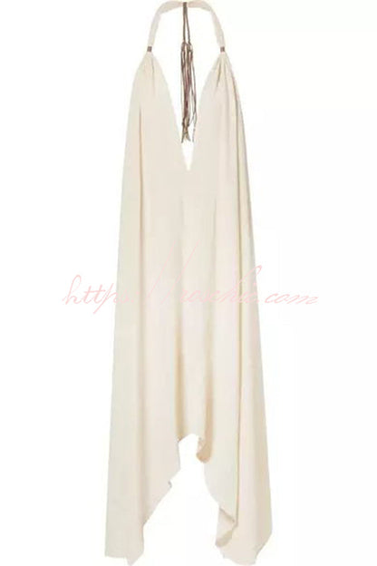 Bali Dreams Linen Blend Leather Tassel Design Halter Backless Beach Maxi Dress